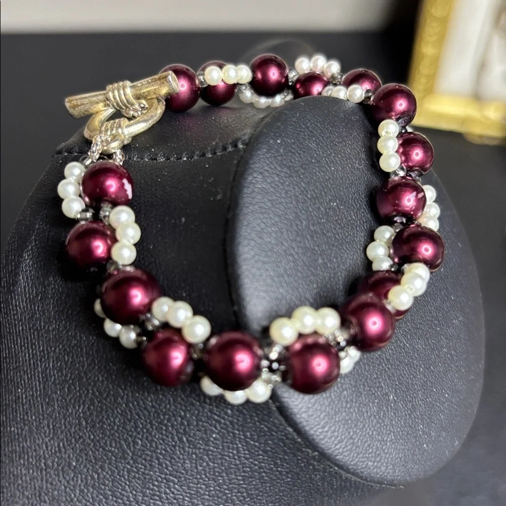 Elegant Faux Pearl and Burgundy Beaded Bracelet Silver Tone
